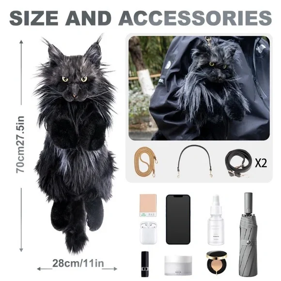 Cat Shaped Backpack - Handcrafted Stuffed Animals Bag, Black Cat Plush Bag new - Picture 6 of 9